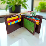 Men's Genuine Leather Bi Fold Wallet with ID Window - Cognac