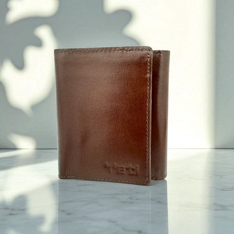 Men's Genuine Leather Tri Fold Wallet - Cognac