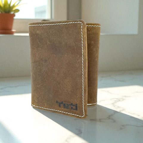 Men's Genuine Leather Tri Fold Wallet - Crazy Brown