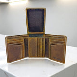 Men's Genuine Leather Tri Fold Wallet - Crazy Brown