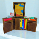 Men's Genuine Leather Tri Fold Wallet - Crazy Brown