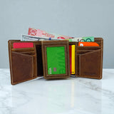 Men's Genuine Leather Tri Fold Wallet - Crazy Brown