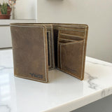 Men's Genuine Leather Tri Fold Wallet - Crazy Brown