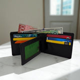 Men's Genuine Leather Bi fold Wallet with 2 ID Windows - Black