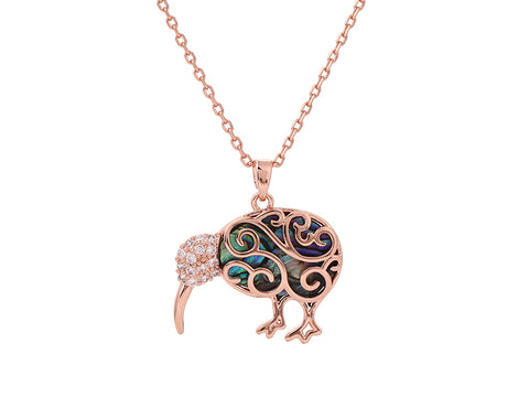 Kiwicraft Paua Shell Rose Gold Kiwi Pendant with Box
