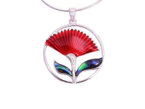 Kiwicraft Red Pohutukawa Paua Shell Round Pendant with Box