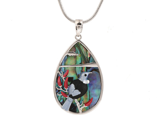 Kiwicraft Paua Shell Tui in Rangitoto Pendant with Box