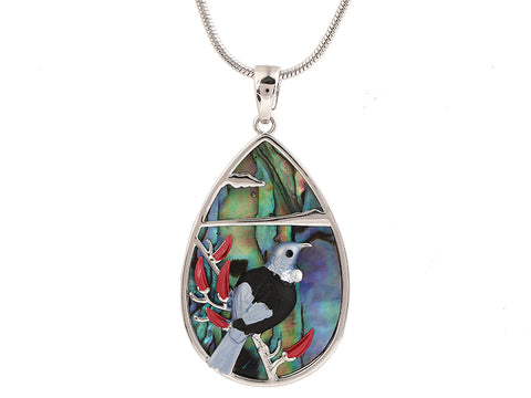 Kiwicraft Paua Shell Tui on Flax Pendant with Box