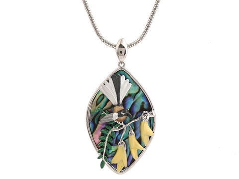 Kiwicraft Paua Shell Fantail on Kowhai Pendant with Box