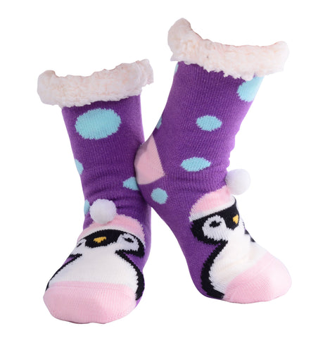 Nuzzles - Women's Pom Pom Penguin - Purple Foot Covering