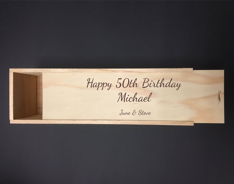 Personalised Single Bottle NZ Pine Wood Wine Box – 50th Celebration