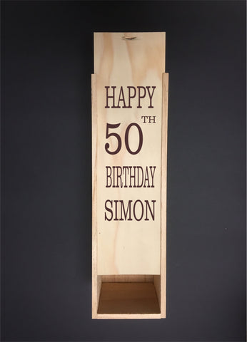 Personalised Single Bottle NZ Pine Wood Wine Box - 50th Birthday