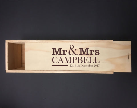 Personalised Single Bottle NZ Pine Wood Wine Box With Mr & Mrs With Date